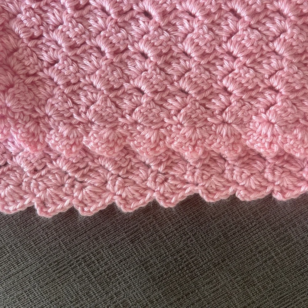 Handmade Pink Crochet Baby Blanket Shell Stitch Scalloped Edge Nursery Wrap